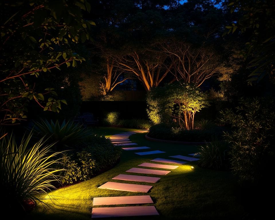 Hoe gebruik je licht voor diepte in de avondtuin?